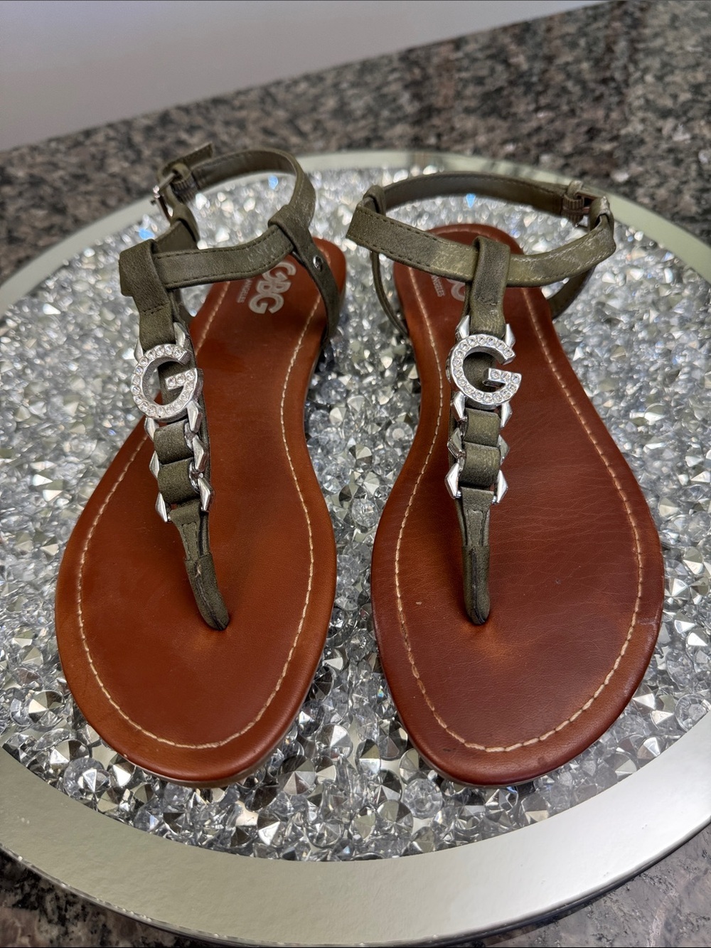 GBG Los Angeles Olive and Brown T-Strap Sandals with Rhinestone G
